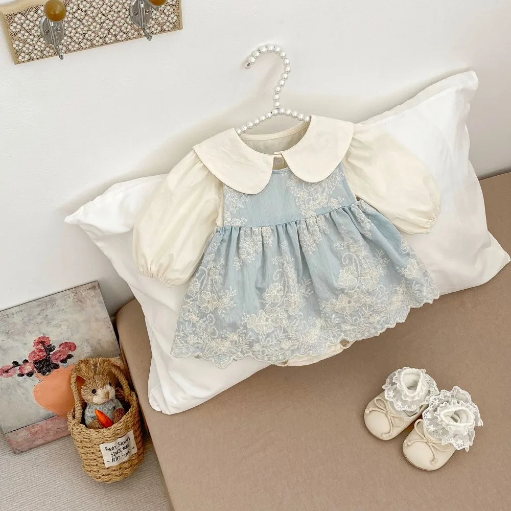 

INS, одежда принцессы для маленьких девочек, боди с длинными рукавами и воротником «Питер Пэн», топы + платье с цветочным узором, комплект из 2 предметов, костюм на день рождения для новорожденных, От 0 до 2 лет