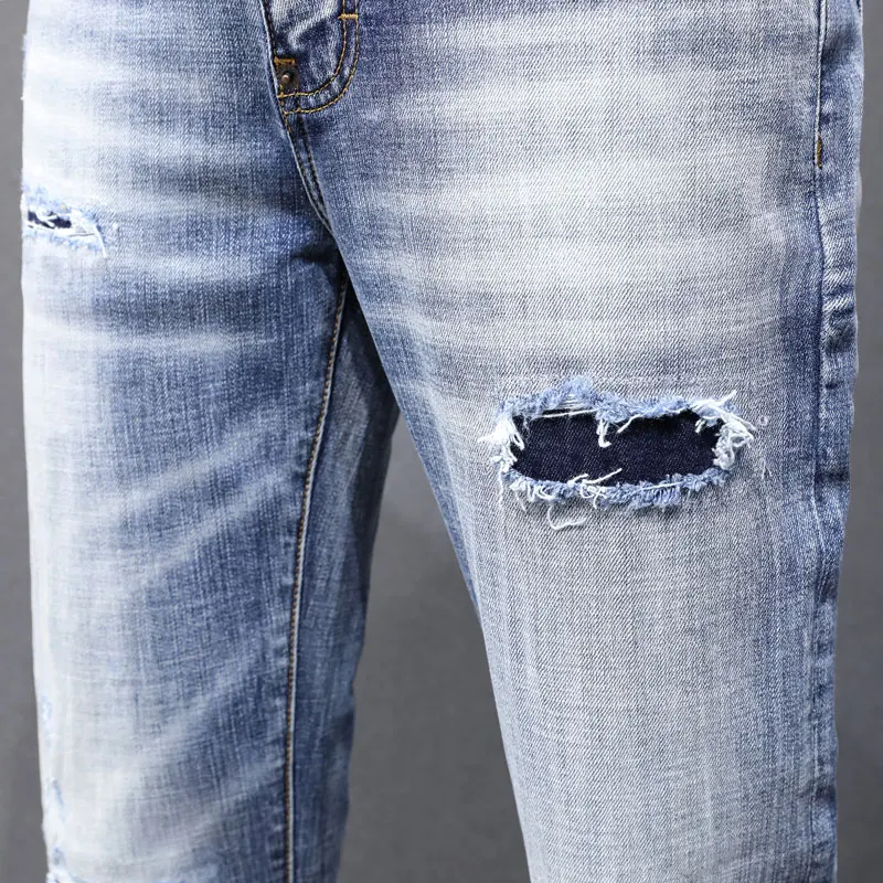 Street Fashion Men Jeans High Quality Retro Light Blue Stretch Slim Patched Ripped Jeans Men Brand Designer Vintage Denim Pants