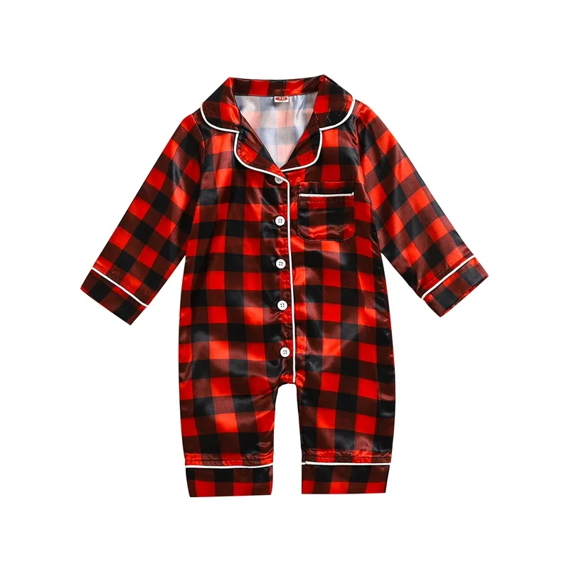 Baby Christmas Pajama Bodysuits Plaid Button-down Long Sleeve Lapel Neck Fall Romper