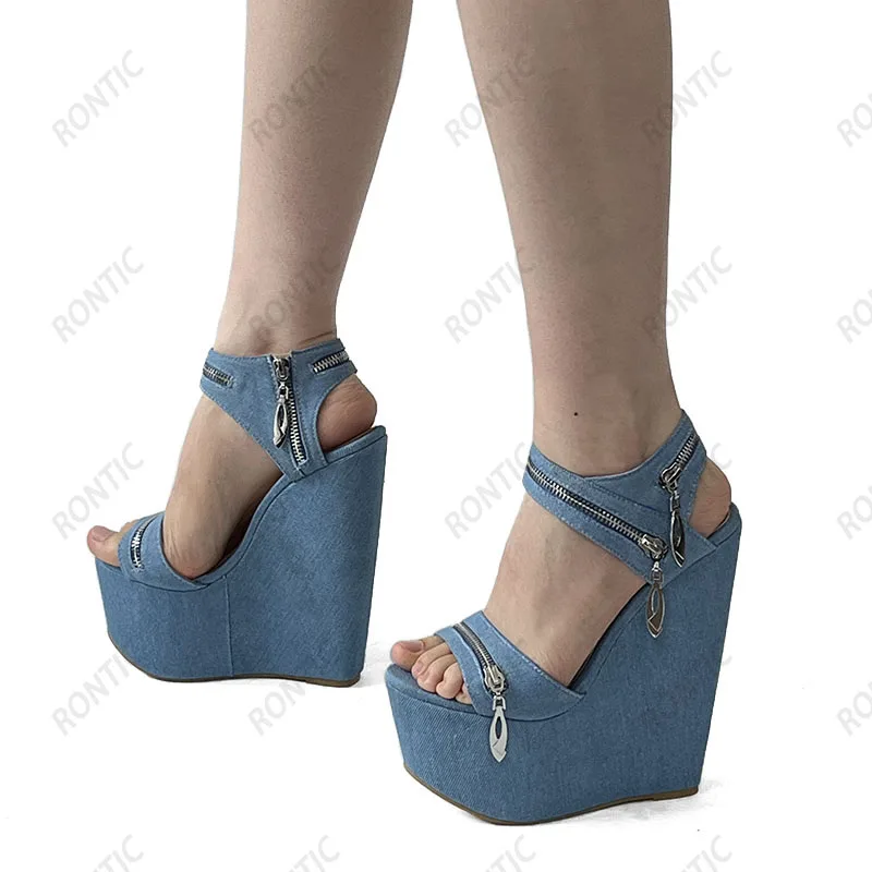 Rontic Real Pictures Women Summer Platform Sandals Wedges High Heels Round Toe Pretty Blue Casual Shoes US Size 5-15