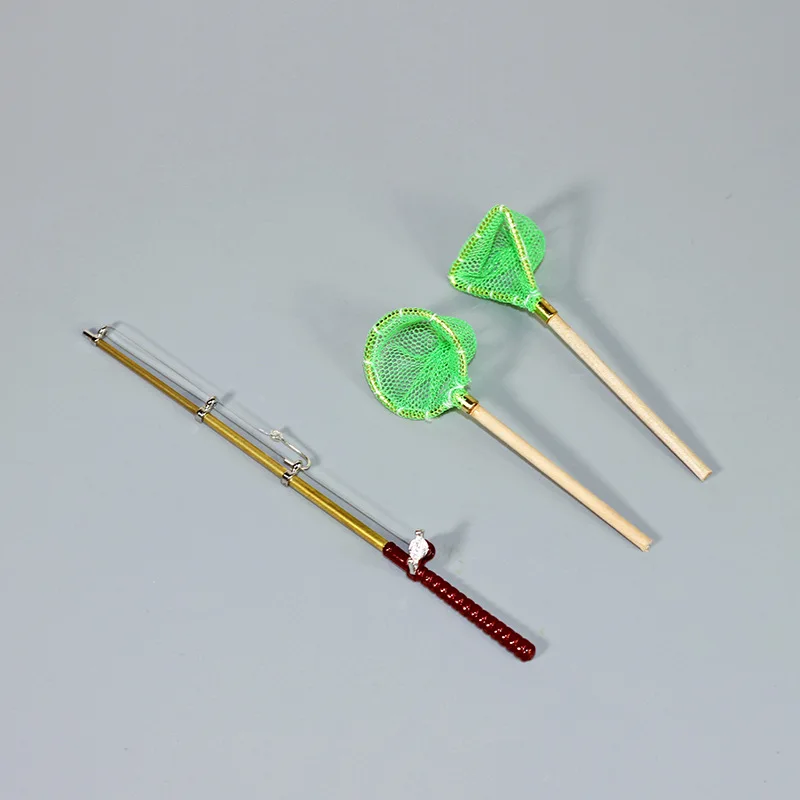 1set Dollhouse Mini Fishing Rod Fishing Net Combination Pack Model Playhouse Doll House Fish Play Set Decor Ornament Accessory