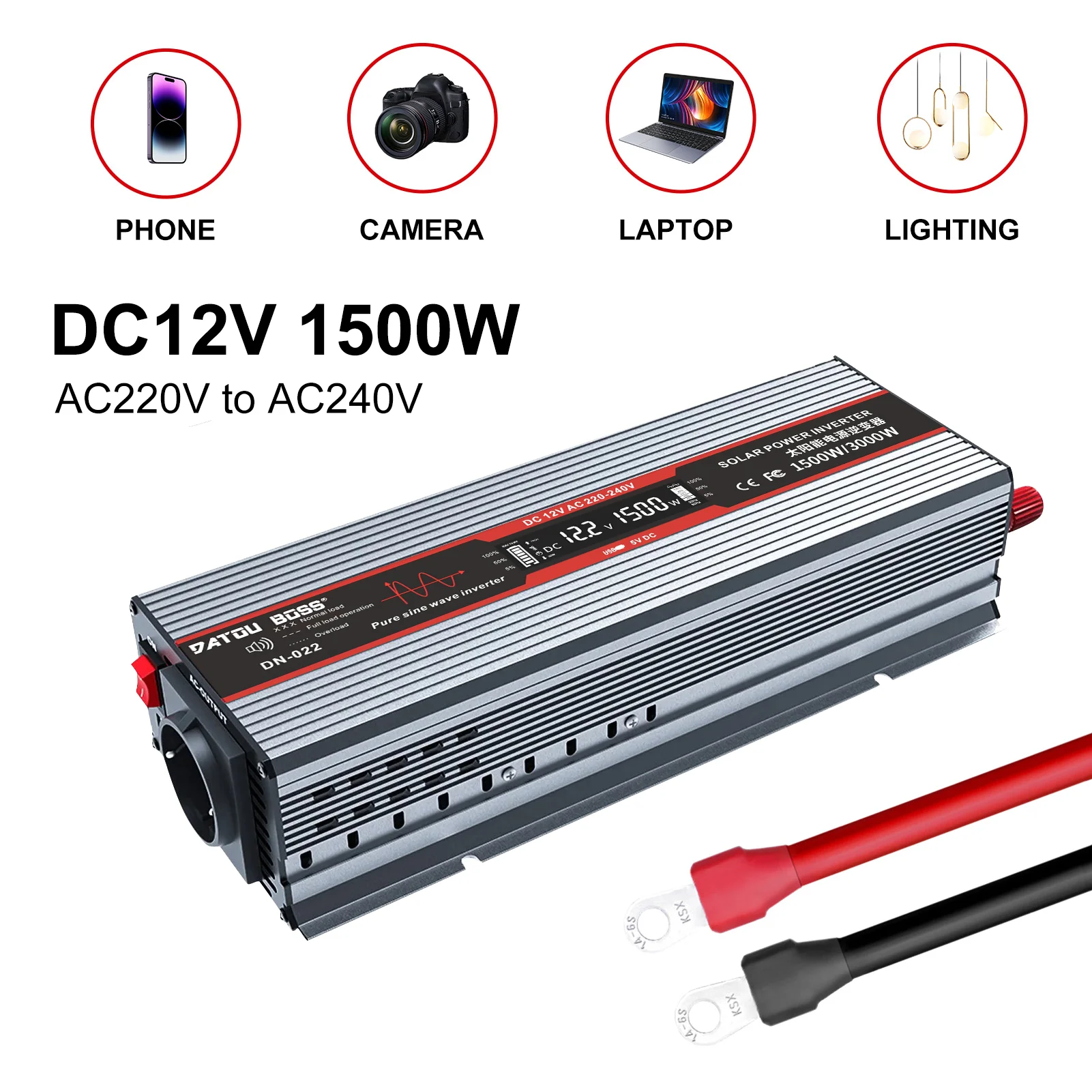 Datouboss 12v Omvormer 1000W 1500W 1800W voor 220v met EU Scoket USB Draagbare LCD Display 12v 230v converter 50Hz - afbeelding 1