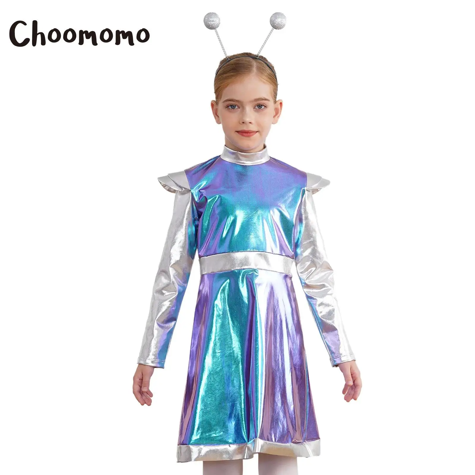 Girls Alien Costume Outer Space Cutie Holographic Long Sleeve Dresses Halloween Themed Party Extraterrestrials Cosplay Dress Up