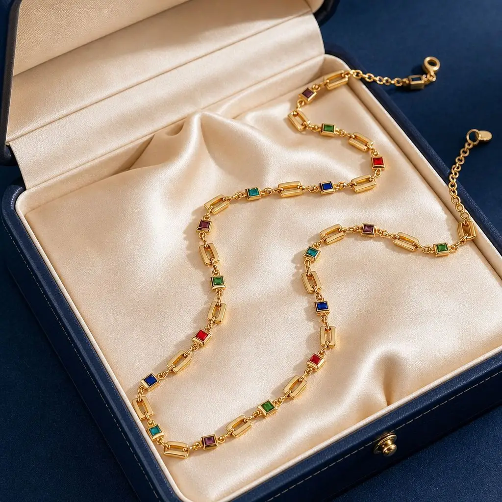 Fashion Square Zircon Paperclip Chain Necklace for Women, Light Luxury Geometric Spliced Colorful Crystal Clavicle Chain, Exquis