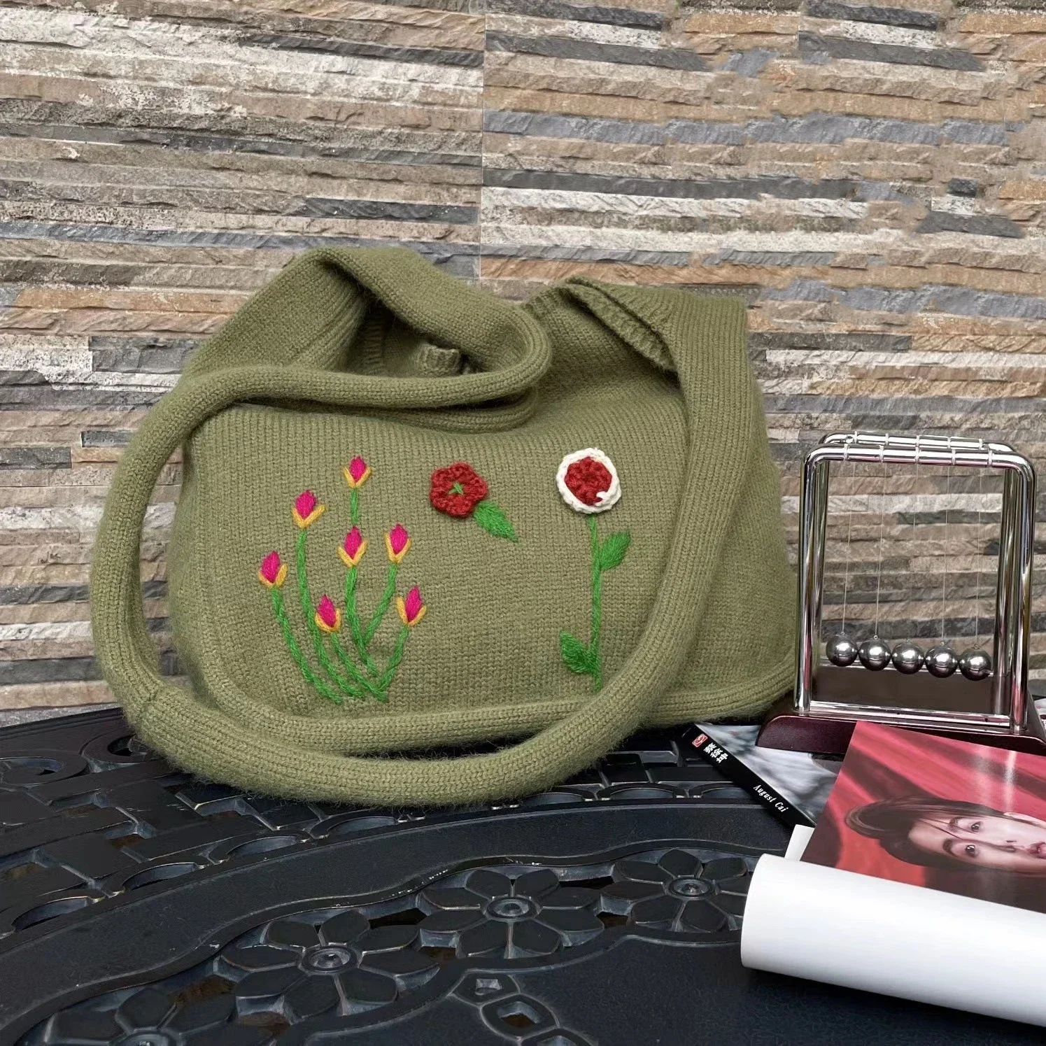 Female Etsy Handmade Embroidery Granny Crochet Aesthetic Cottage Core Sling Side Bag Winter Knitted Medium Size Pouch Hobo Bag