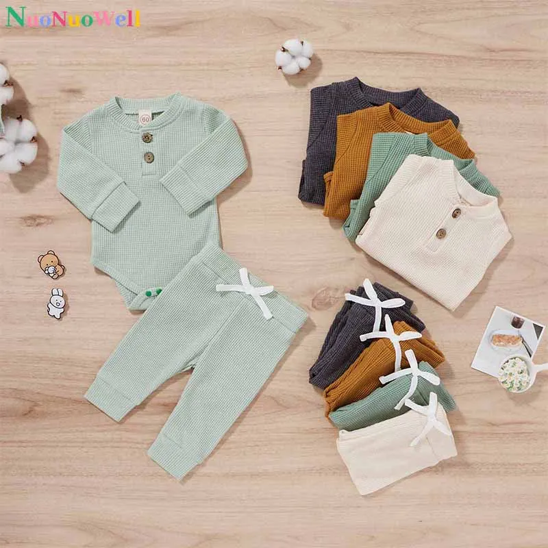 Ribbed Stripe New Baby Boy Girls Clothes Fall Toddler Outfits Long Sleeve Soft Cotton Romper Pants 2PCS Set For Infant Outwear