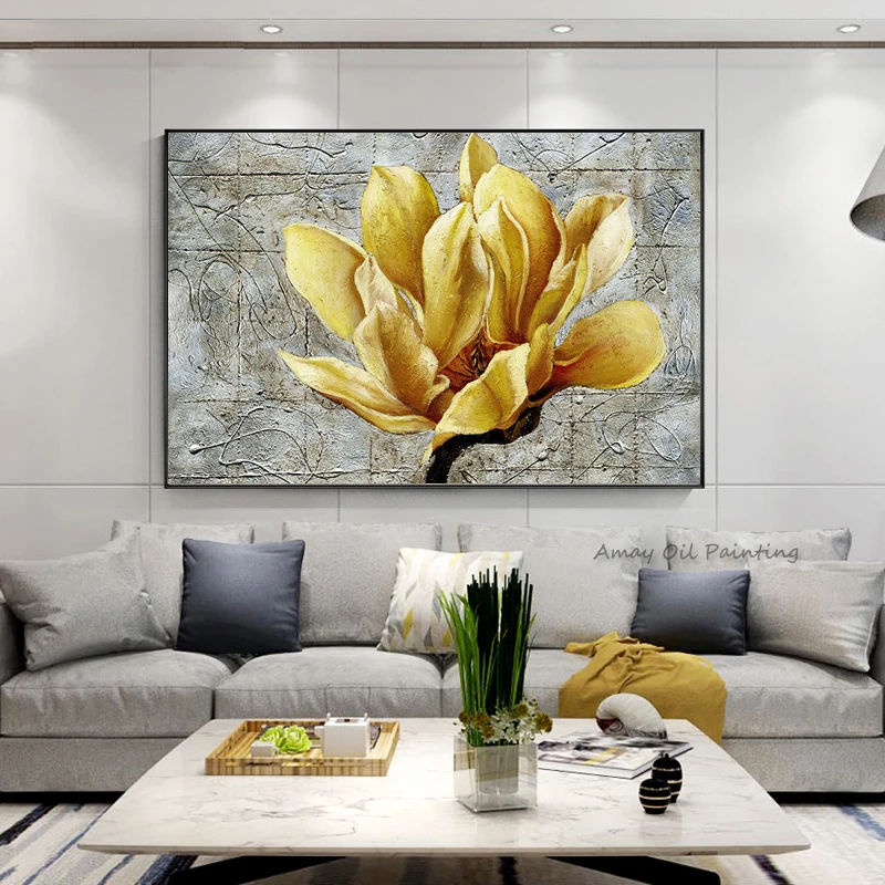 Handpainted Thick Texture Vintage Yellow Magnolia Oil Painting Knife Canvas Elegant Housewarming Decor Gift