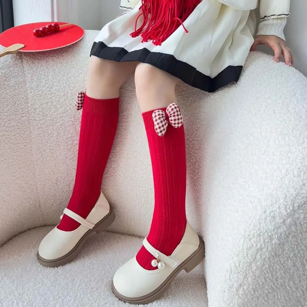 

Kawaii Middle Tube New Year Red Socks Cotton Sweet Bow Hosiery for Kids Princess Thicken Children Long Socks For Girls