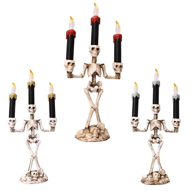 Halloween Skeleton Candlestick Ghost Festival Horror Decoration Props LED Candle Table Lamp Light Pumpkin Lantern Skull Ornament