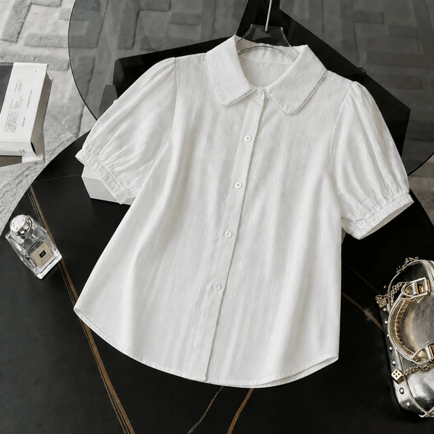 Sweet Loose Short Sleeve Shirt Women's Casual Style Button up Top Slimming Ageless Versatile Polyester Fiber Thin Regular Length