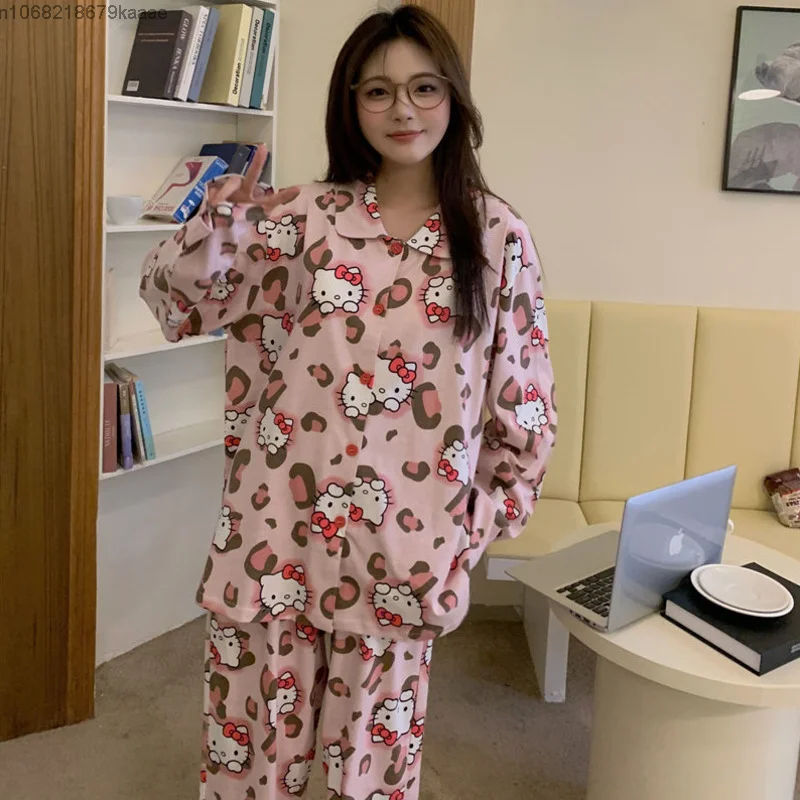 Sanrio Hello Kitty Cute Leopard Print Sleepwear Women Spring Autumn New Fashion Pajamas College Style Long Sleeve Home Suit Set