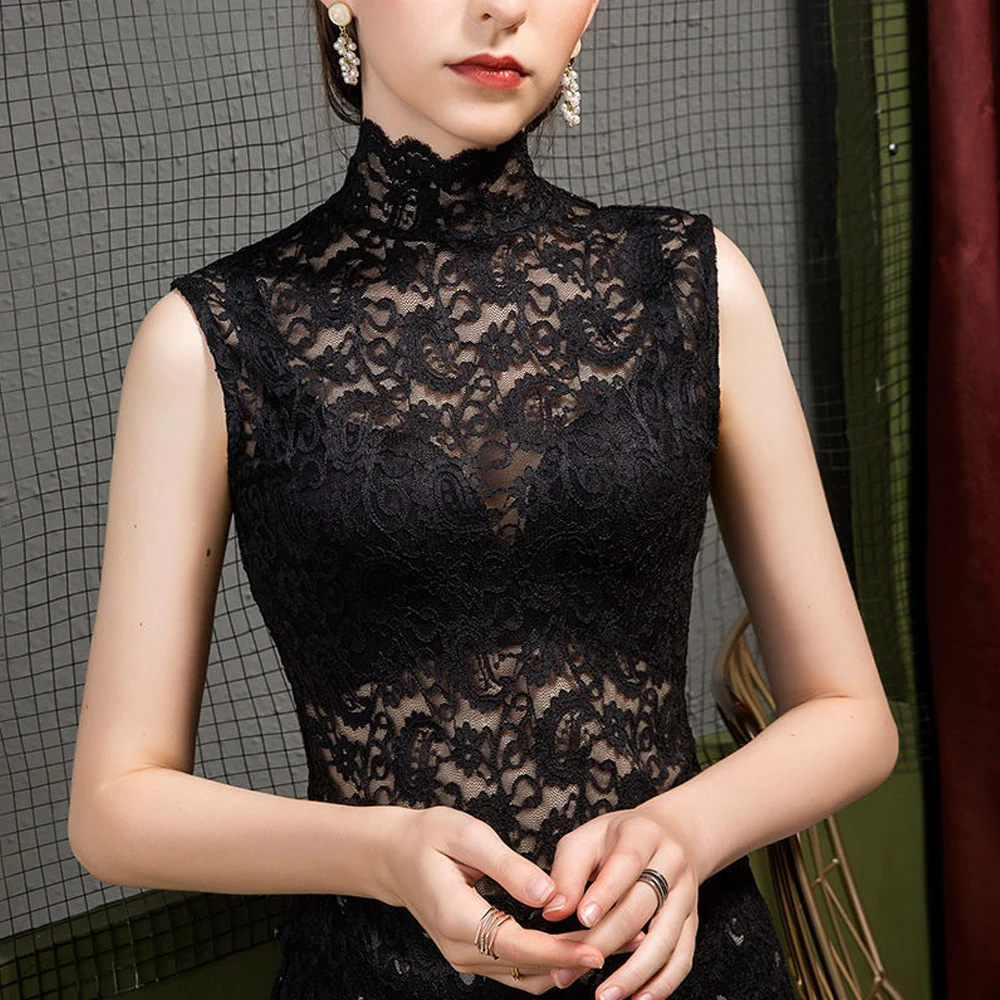 

Elegant Paisley Lace T Shirt Thin Vest Women Sexy Elastic Shirts Girl See Through Turtleneck Sleeveless Tanks Top Female Blouses