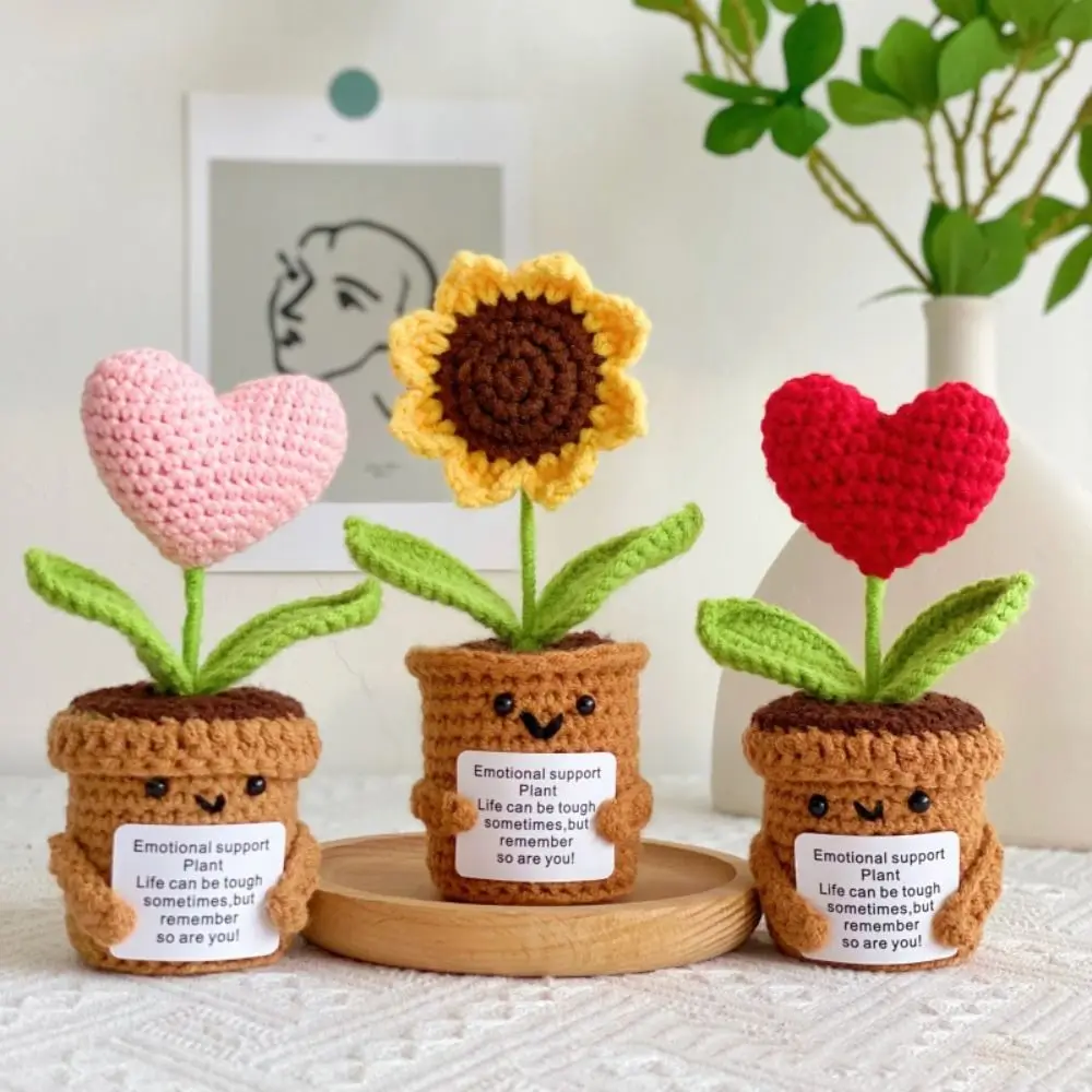 Hand Woven Flower Potted Desktop Ornament Knitting Crochet Flowers Sunflower Love Heart Figurines Dolls Home Room Decor Gifts