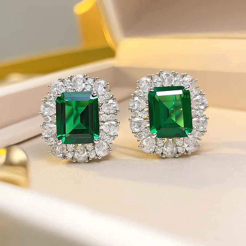 2026 New Luxury European and American French Palace Style Emerald Geometric Square Zircon 3-piece Set Necklace  Ring