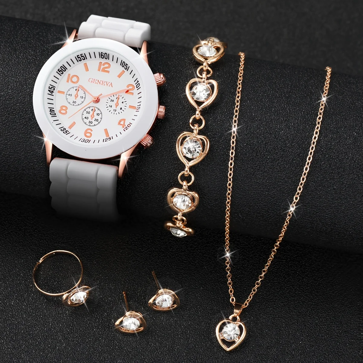 6PCS/Set Women\'s Watch Casual Silicone Band Analog Quartz Watch Rhinestone Heart Jewelry Set(Without Box)