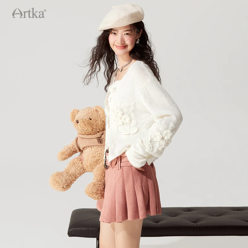 ARTKA 2023 Autumn New Elegant Handmade Crochet Flower Wool Knitted Sweater Long Sleeve White Cardigan Outerwear Female WB92332Q