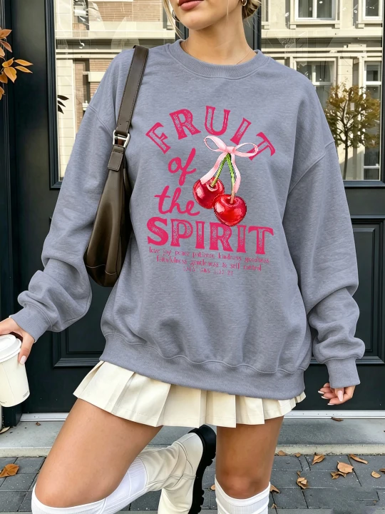Fruit Of The Spirit Cherries Printing Women Pullovers All-Match Fleece Sportswear Autumn Crewneck Sweatshirt Jogging Clothes