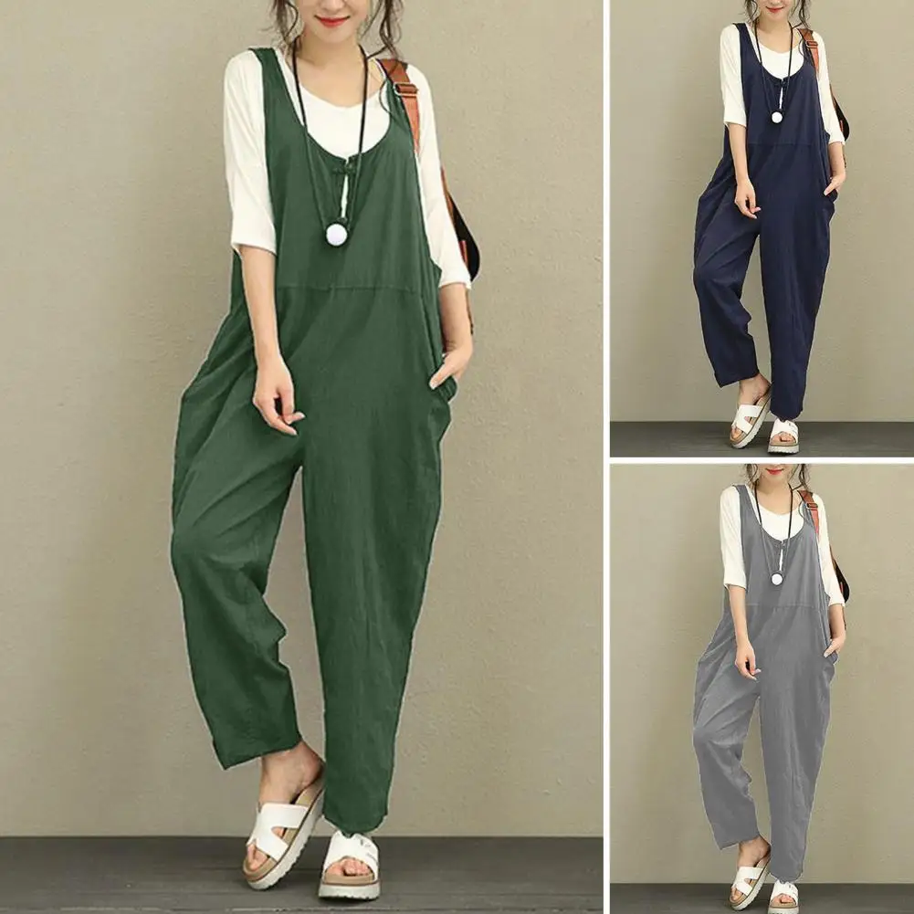 Women Sleeveless Jumpsuit Stylish Summer Women's Jumpsuit with U Neck Wide Leg Sleeveless Design Solid Color Side for Any