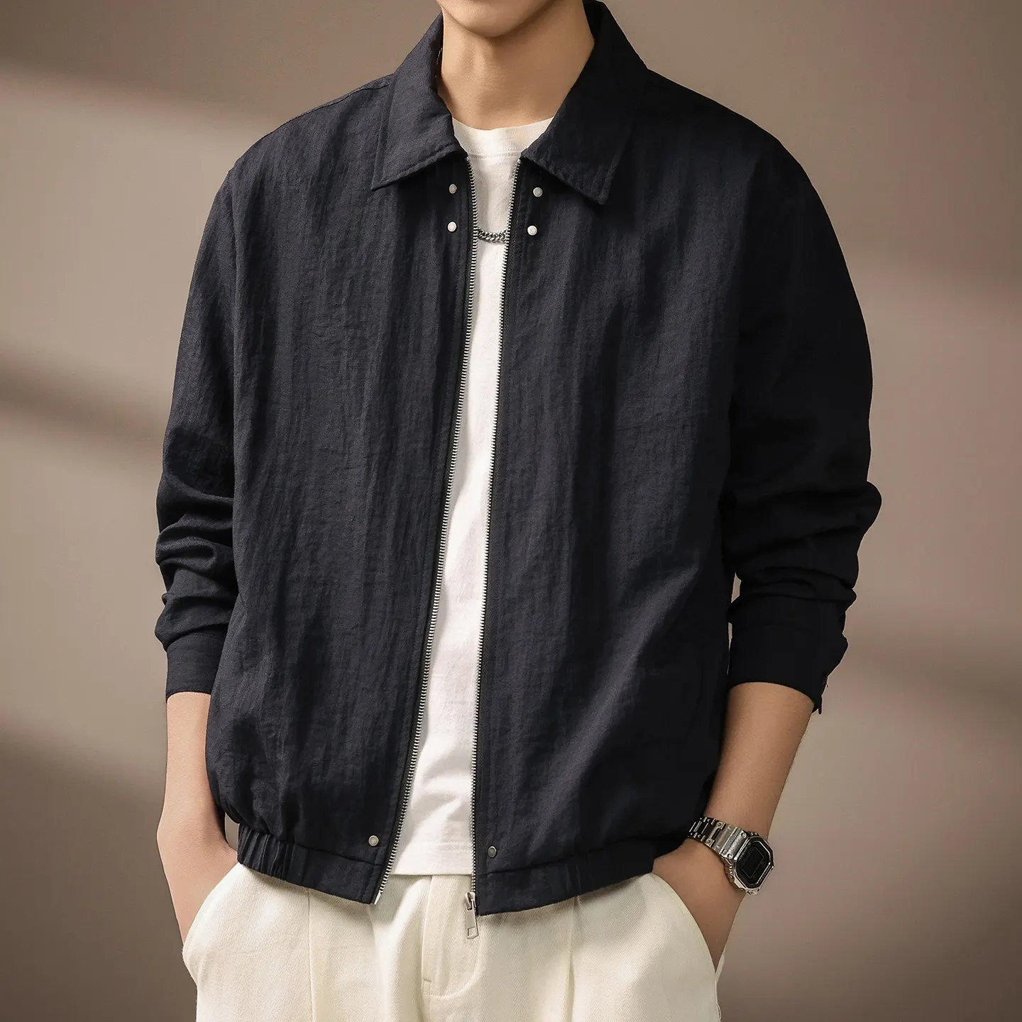 American Style Men Solid Color Navy Red Zipper Turn-down Collar Long Sleeve Linen Coats Male Simple Basic Casual Daily Jackets