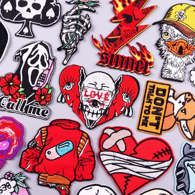 Red Heart Patch Iron On Patches On Clothes Fire Punk Skull Embroidered Patches For Clothing Hook Loop Patch For Clothes Stickers