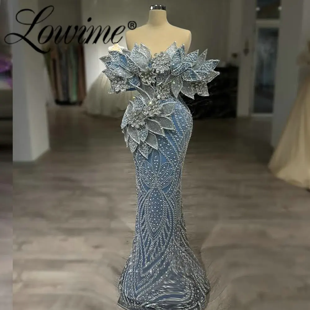 

Blue 5D Leaves Off Shoulder Prom Dresses 2026 Customized Mermaid Long Evening Party Dress Formal Beaded Vestidos De Soiree