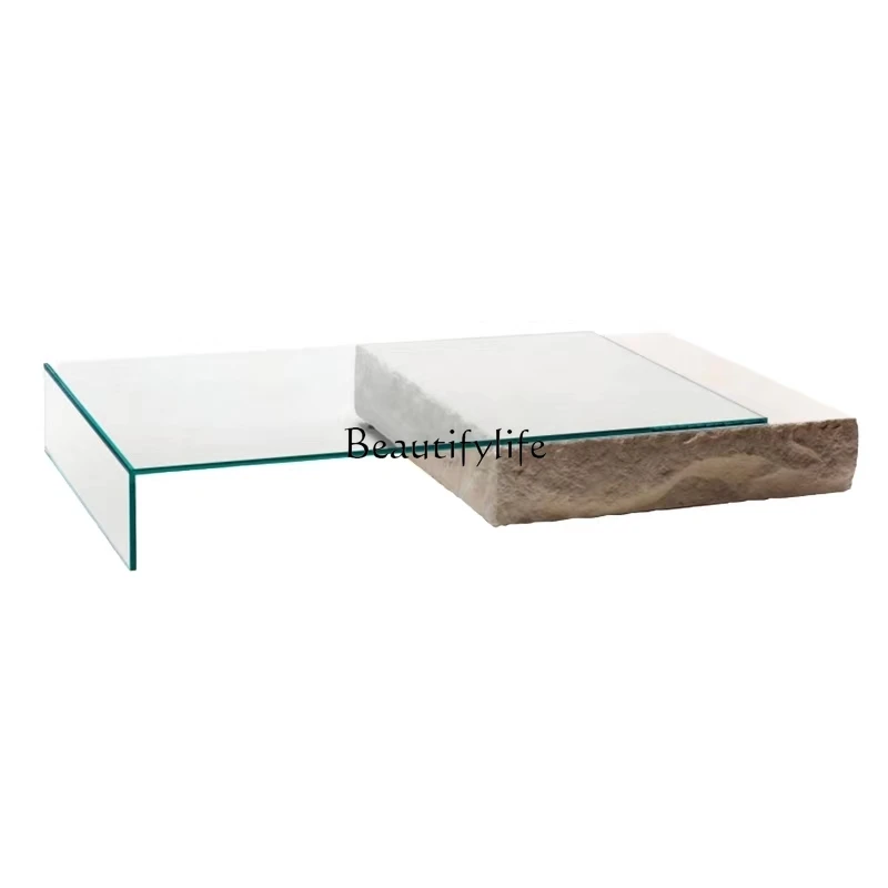 

Italian Minimalist Cave Stone Tea Table Telescopic Square Glass Combination Tea Table