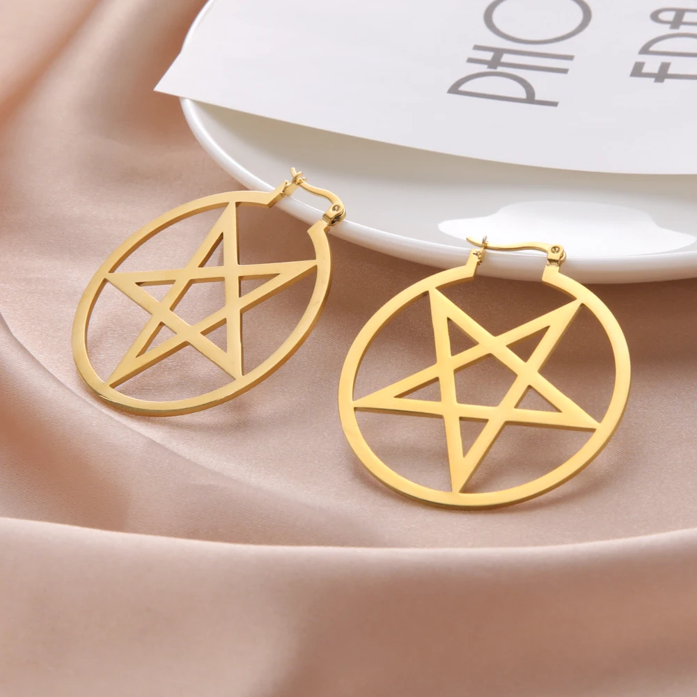 Goth Earrings for Women Stainless Steel Geometric Hoop Earrings Filigree Pentagram Earrings Viking Jewelry Gothic Halloween Gift