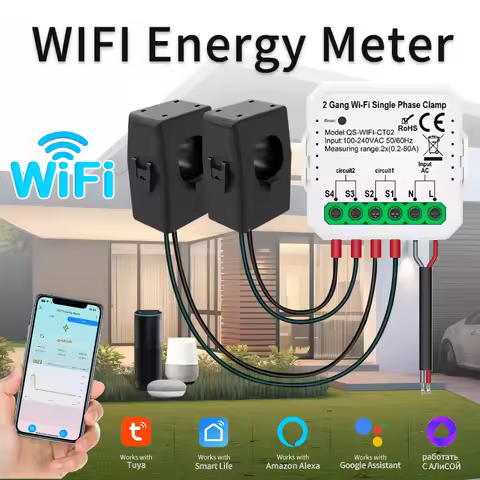 Tuya Wifi Smart Energy Meter 80A Current Sensor Solar PV System Power Production Consumption Bidirectional Monitor APP Control