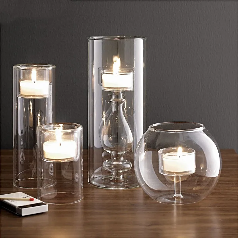 Creative Crystal Candle Holder  Glass Home Decoration Set Candlestick Real Candle Container