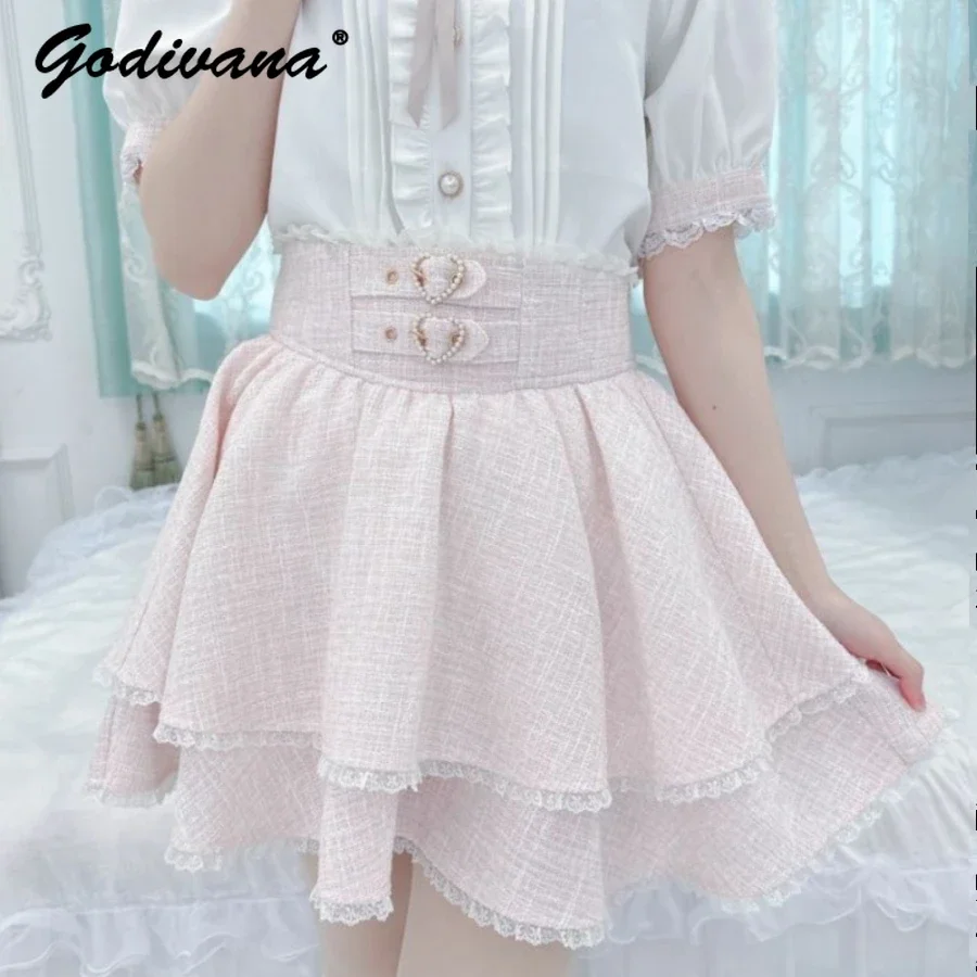 

Japanese Style Mine Double Heart Buckle Tweed Lace Layered Pantskirt Female Girls Spring Short A Line Skirts