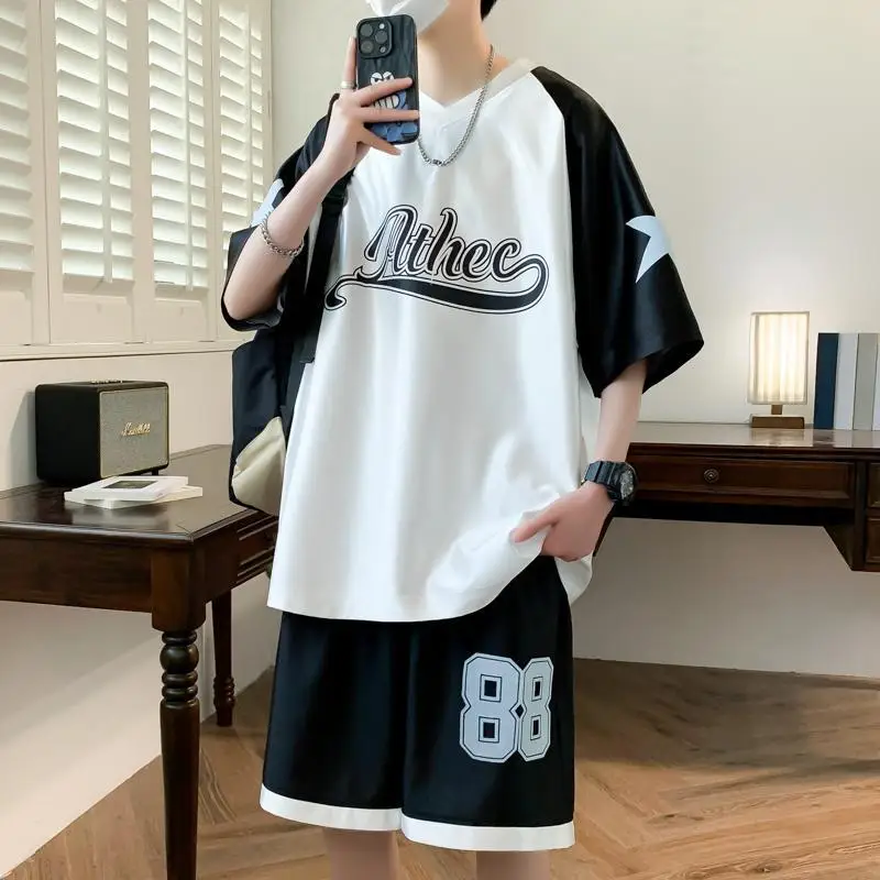 Summer glossy teenagers boy t shirt shorts Short sleeve loose basketball plus size two-piece set