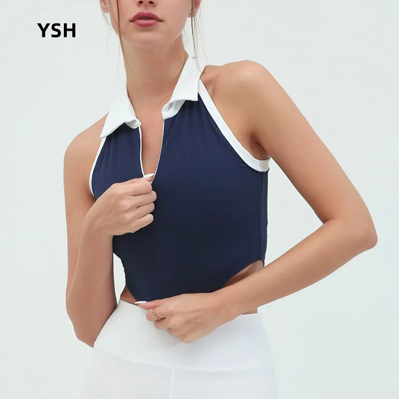 YUSHUHUA Turn Down Collar Yoga Vest Half Zipper Sports Bra Women Gym Sleeveless Fitness Top Workout Training Underwear Padded