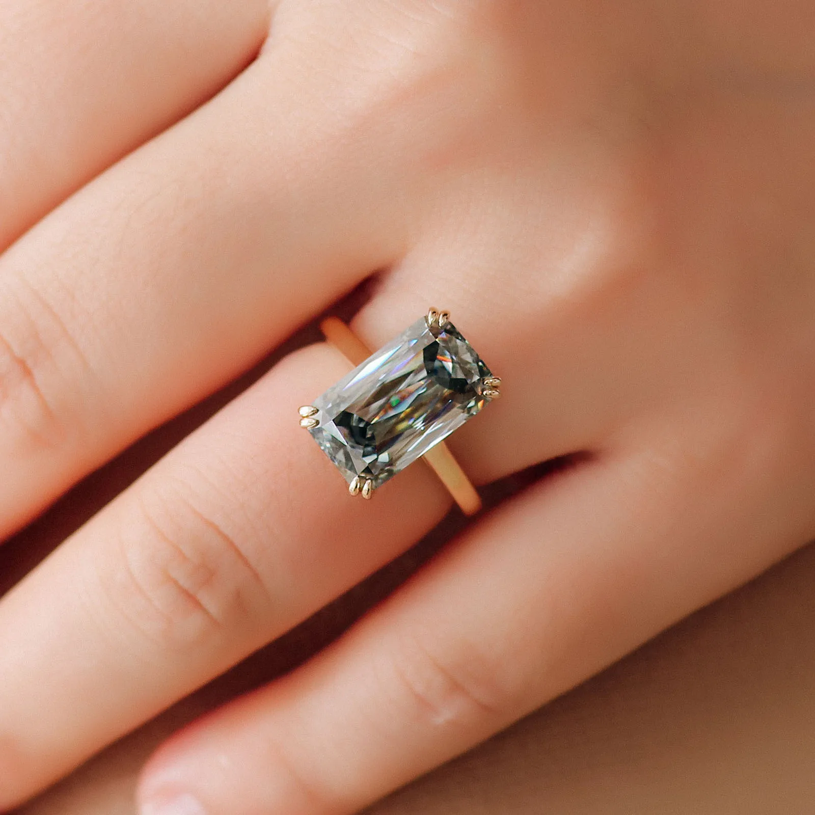 بروفانس 14K الذهب الأصفر خاتم سوليتير مع 9*15 مللي متر الزمرد قطع رمادي مويسانيتي الماس GRA شهادة للنساء خاتم الخطوبة #3