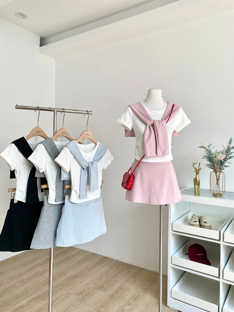 

2025 Summer New Korean Style Academy Style Versatile Short Sleeve Top Pure Desire Spicy Girl Trendy Short Skirt Set
