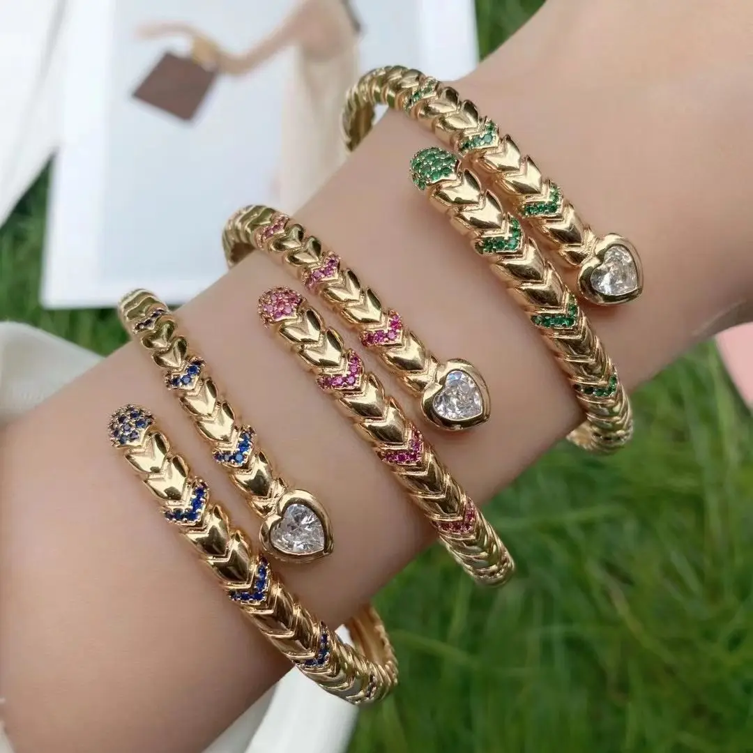 

3PCS, New Style Bohemia Crystal Heart Cuff Bangles for Women Copper Snake Bracelet Party Fashion Jewelry Gift