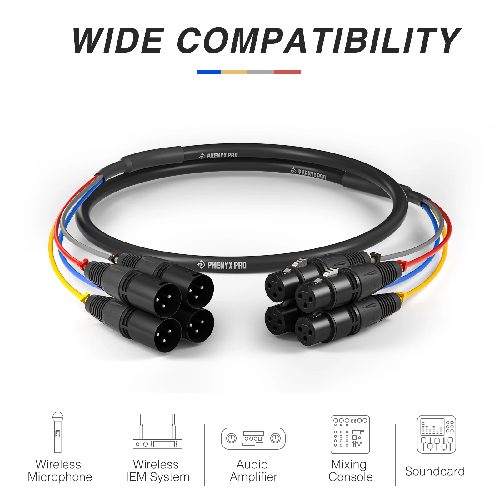 Phenyx Pro 4 Channel XLR Cables,  w/ 100% 24AWG OFC Copper & Color Codes, for Wireless Microphone Systems, IEM, Mixer (3/6/10ft)