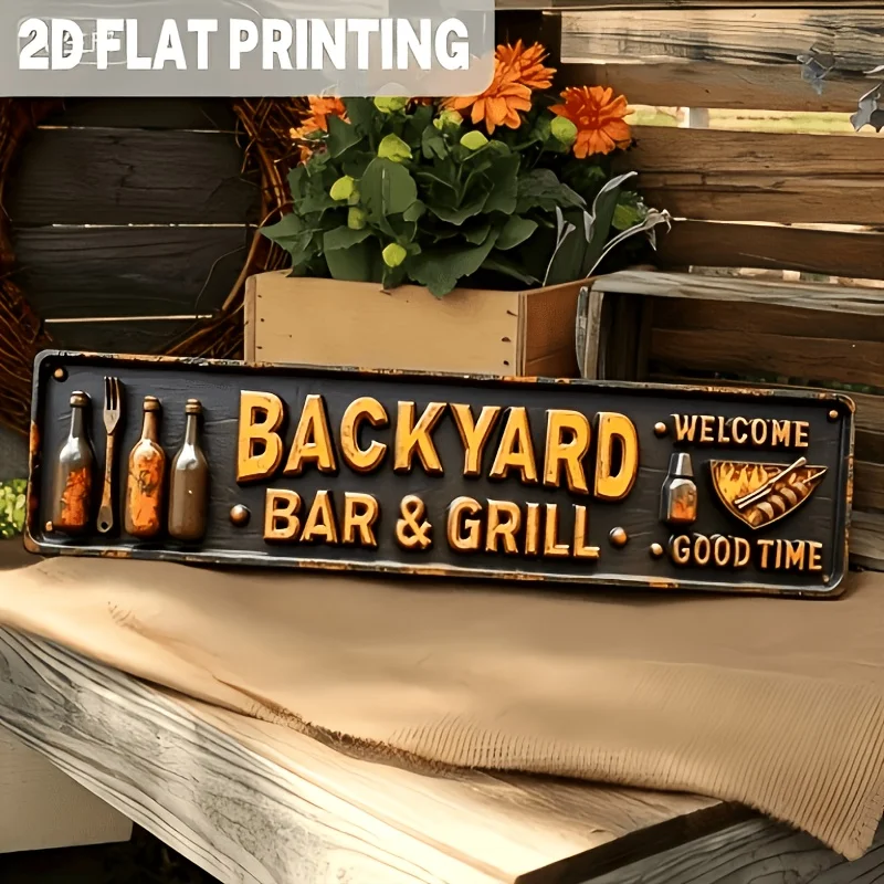 2D Metal Sign, Farmhouse Backyard Bar & BBQ Wall Decor, Vintage Retro Party Theme, for Kitchen Garage Patio Man