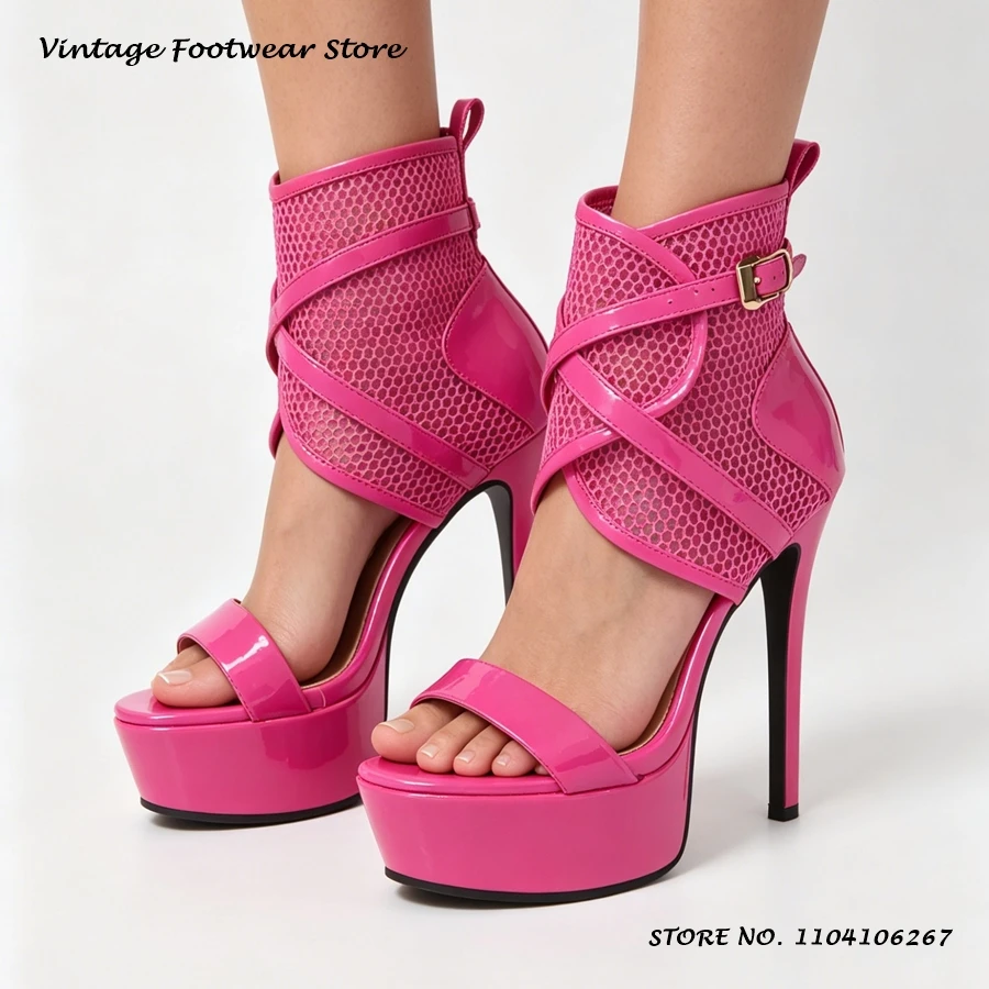 Buckle Embellished Mesh Platform Sandals Fashion Round Open Toe Thin Heels Party Shoes Women's Summer Patent Leather High Heels