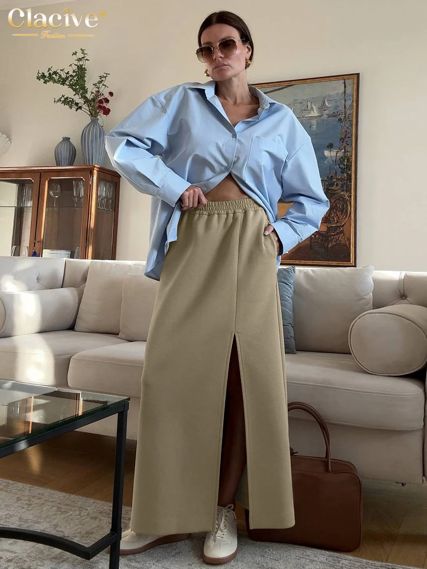 Clacive Fashion Loose Khaki 2 Piece Sets Women Outfit 2025 Elegant Long Sleeve Shirt With High Waist Slit Ankle Length Skirt Set