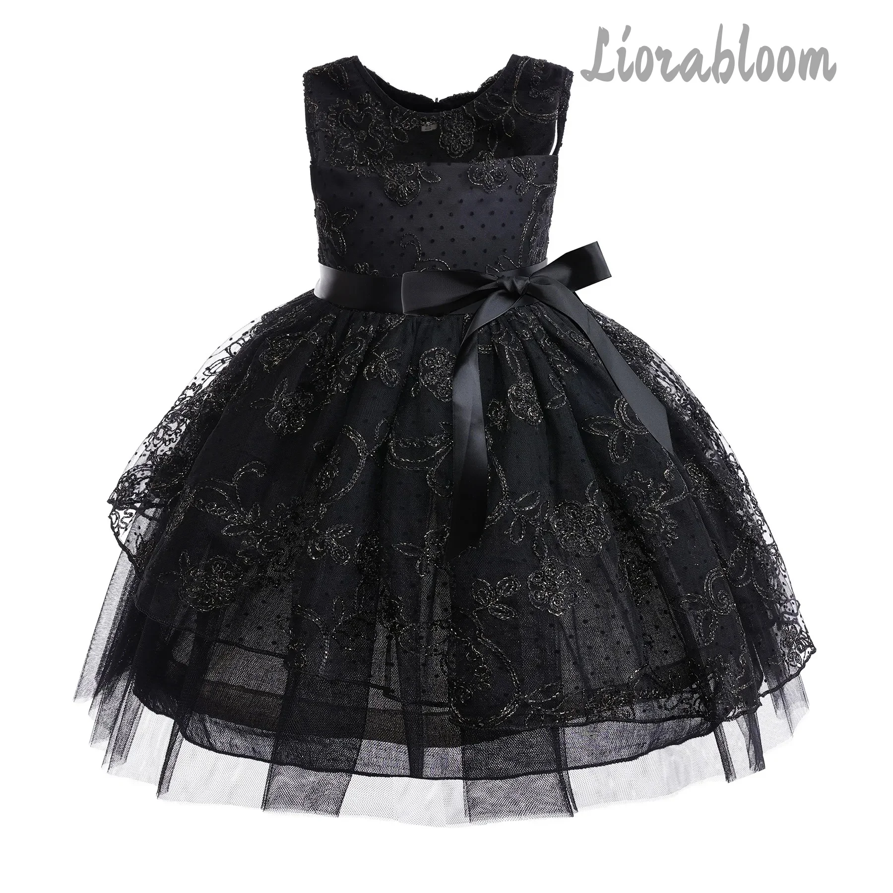 Custom Multi-Color Flower Girl Dress Custom Formal Knee-Length Dress with Large Bow Long Gown with Pleated Hem - view 3