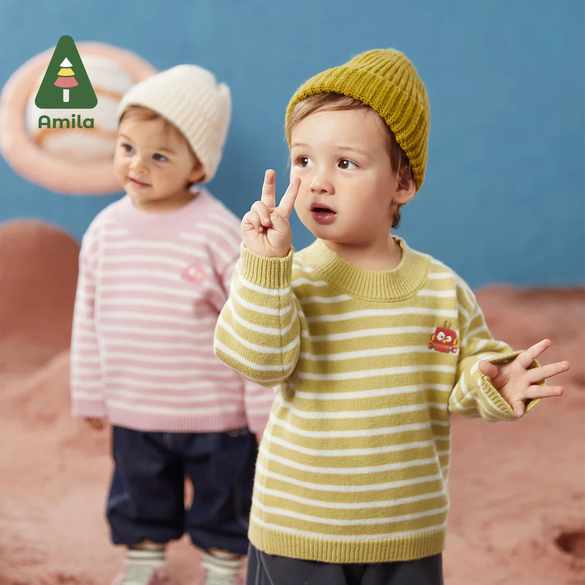 

Amila Baby's Sweater Winter 2024 Striped Round Neck Fashion Warm Knit Sweater Boys Girls Casual Tops