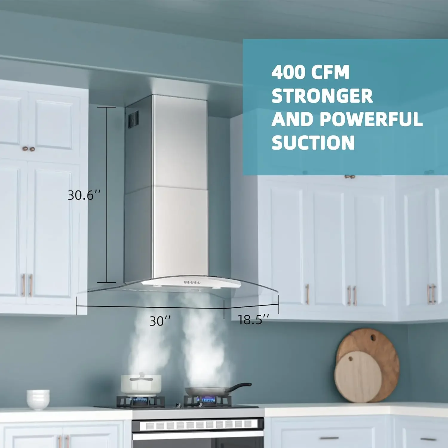 Hood 30 Inch, FIREGAS Ducted/Ductless Convertible Wall Mount Range Hood with Tempered Glass, 3 Speed Fan, 400CFM, Button Control