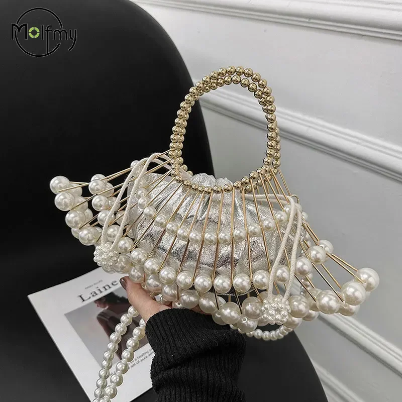 Evening Clutch Bag For Women Luxury Shoulder Bag Silver Pearl Advanced Party Wedding Designer Handbag Purse Hollow Crossbody Bag