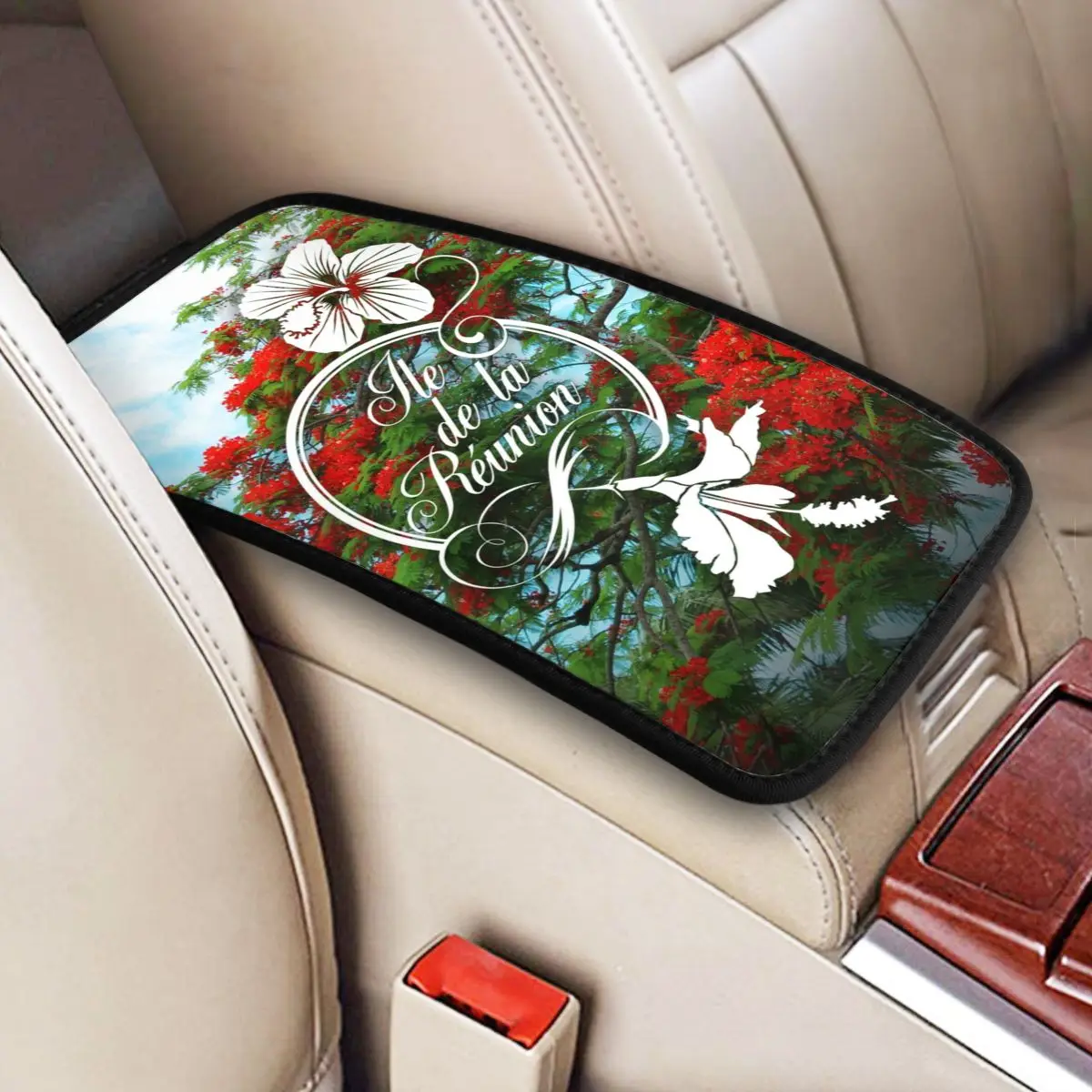 Custom 974 Reunion Island Flamboyant Hibiscus Car Armrest Box Pad Flowers Pattern Center Console Cover Mat Car Accessories