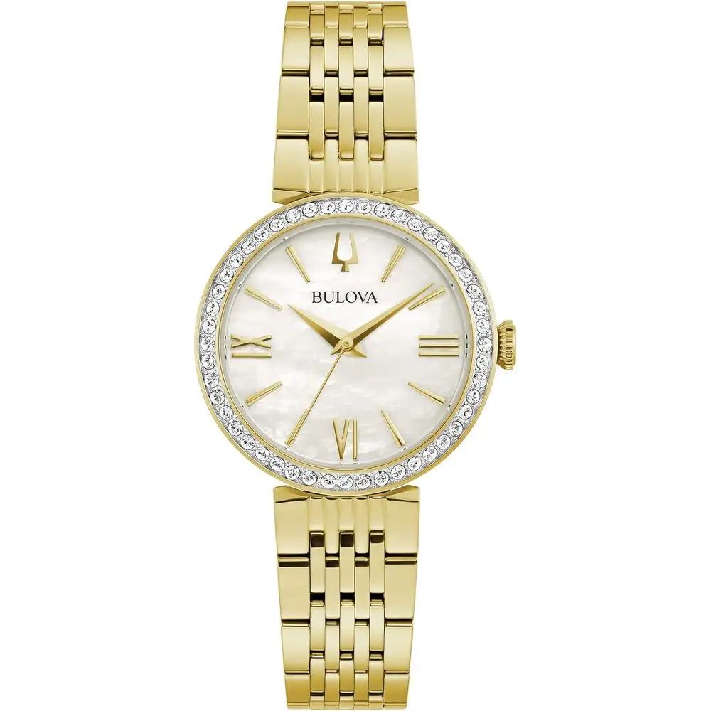 

Женские классические кварцевые часы Bulova с кристаллами и стальным корпусом, с белым перламутровым циферблатом