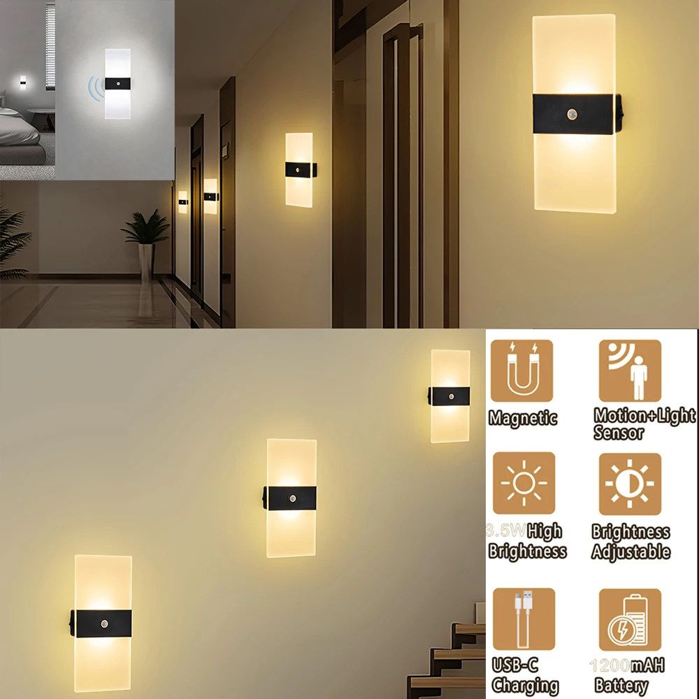 

Rechargebale LED Wall Sconces ‎Motion Sensor Indoor Dimmable Battery Lamp, Magnetic Mount Lights for Living Room Hallway Bedroom