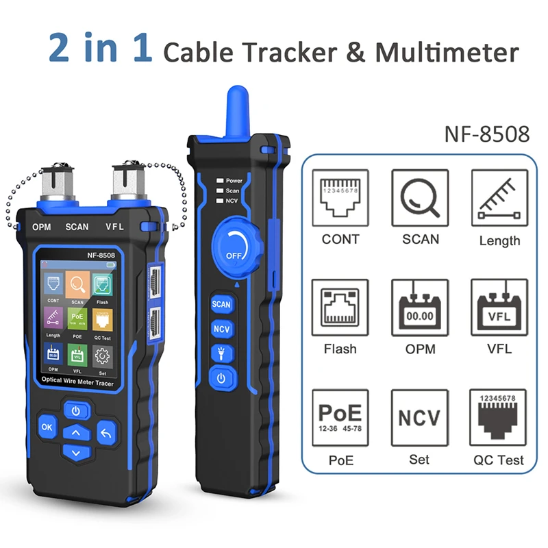NF-8508 Network Cable Tester Optical Wire Meter Tracer LCD Digital Rechargeable Network Line Finder Wire PoE Checker Equipment