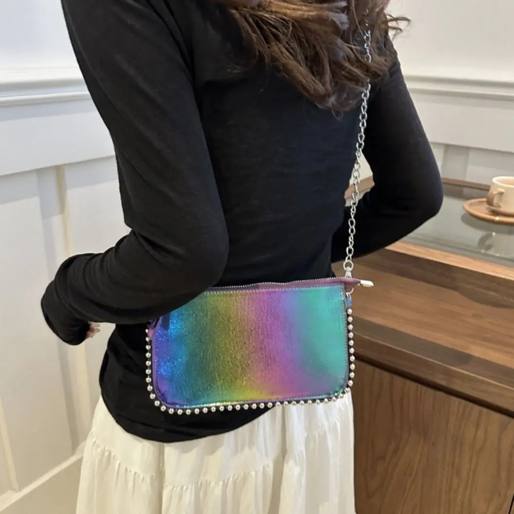 

Trendy Pu Leather Underarm Tote Bag Korean Style Rivet Vintage Shoulder Bag Square Chain Strap Luxury Handbag Female