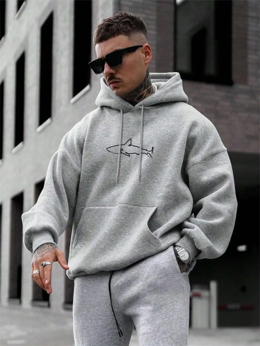 Simple Shark Printing Hoodie For Men Kangaroo Pocket Drawstring Pullovers Thermal Fleece Warm Sweatshirts Autumn Casual Clothes