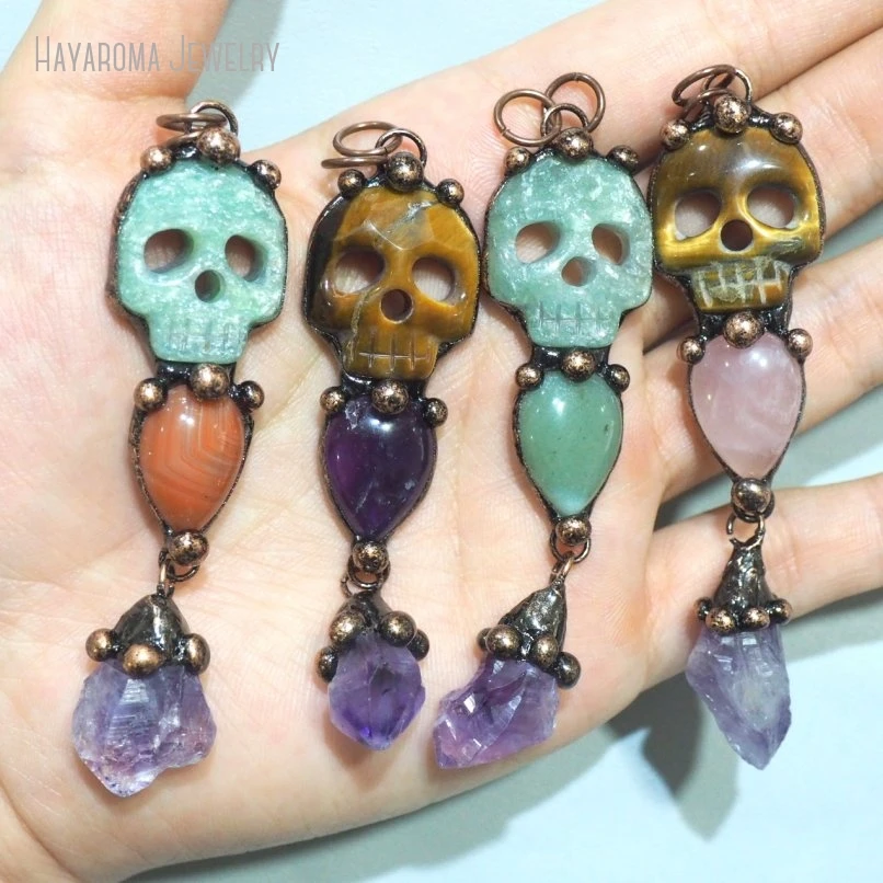 10Pcs Antique Bronze Color Tin Alloy Wholesale Skull Crystal Pillar Point Soldered Jewelry Handmade Vintage Pendant PM49612